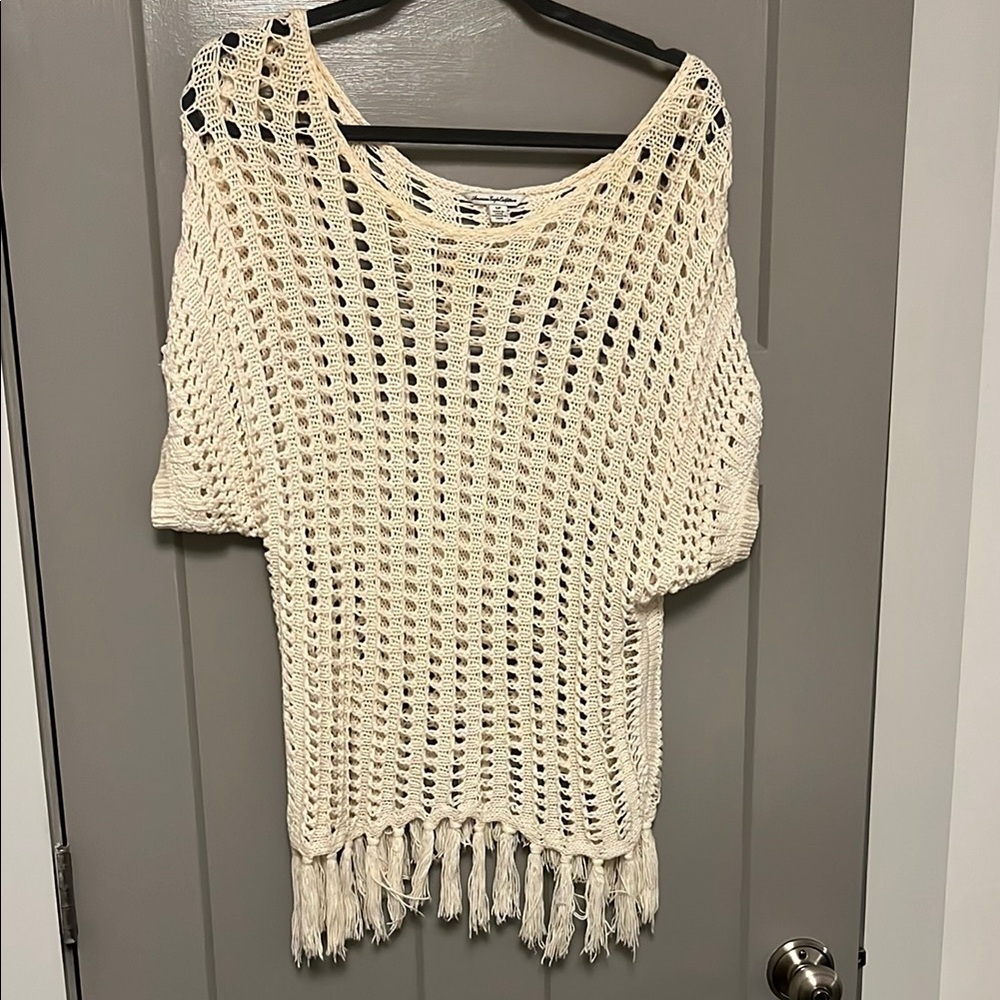 American Eagle Outfitters Cream Open-Knit Poncho